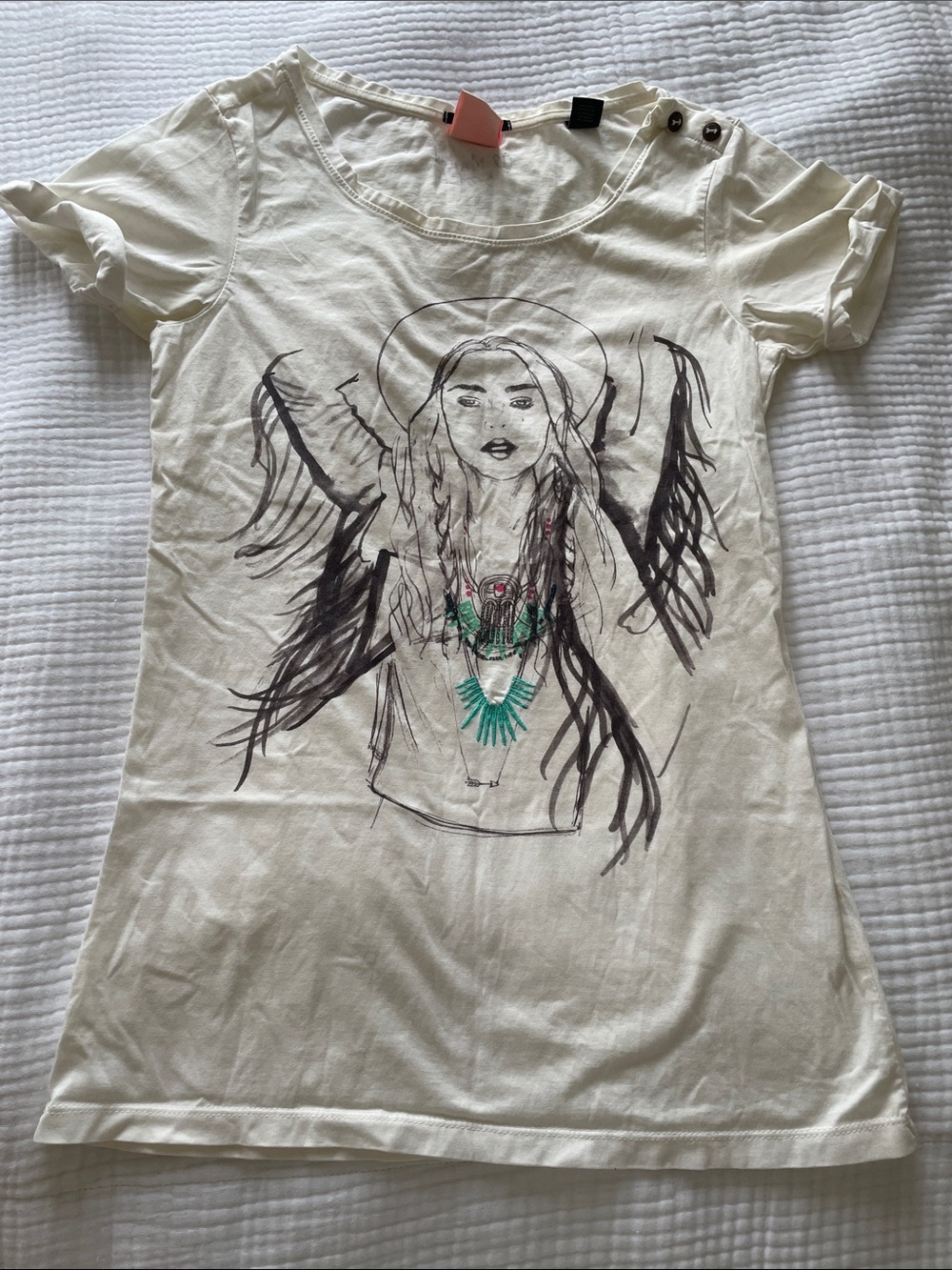 Maison Scotch Cream Short Sleeve Tee with Black Angel Sketch-Style Graphic
